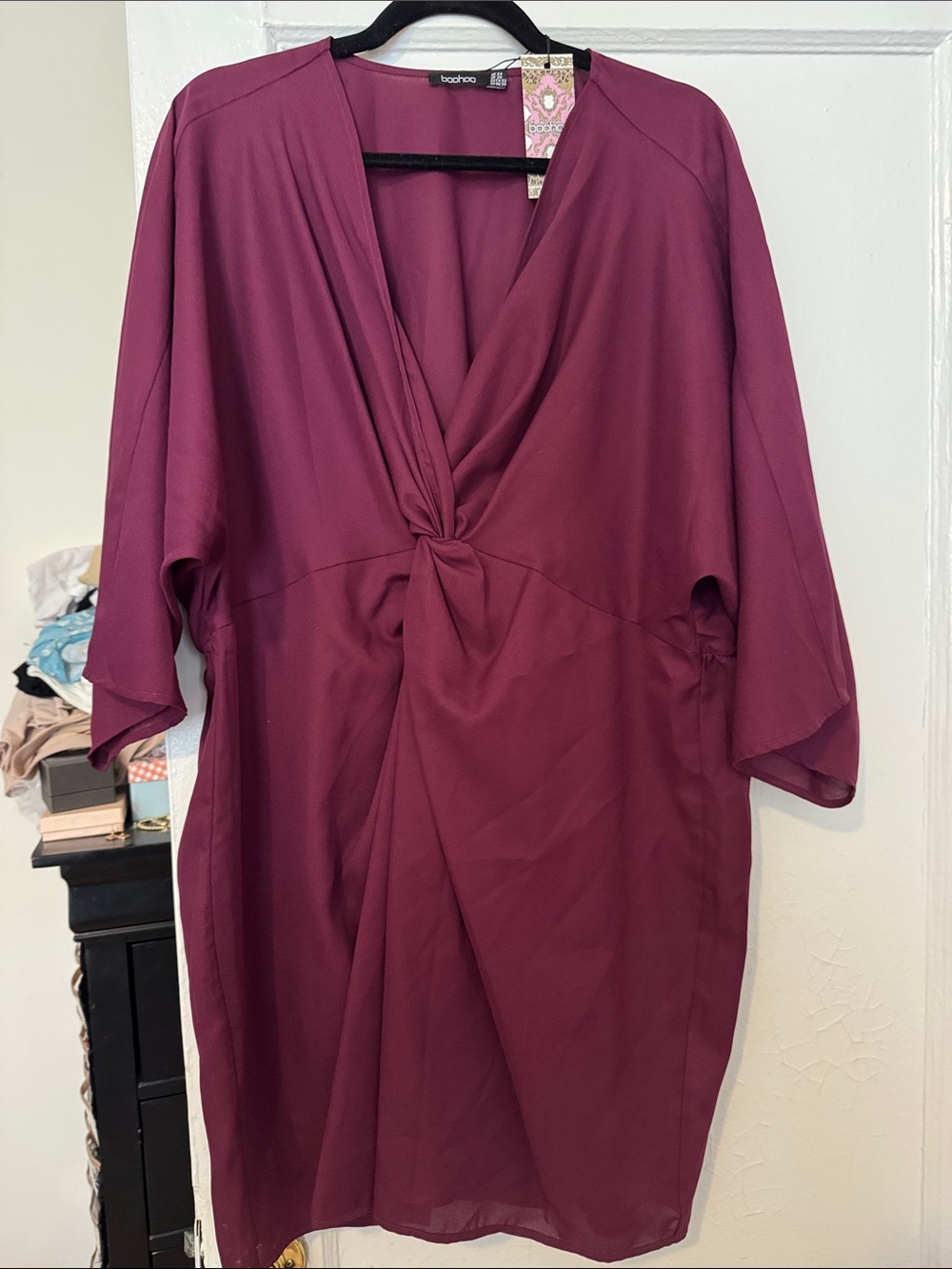 Boohoo Deep Plum Twist-Front Midi Dress